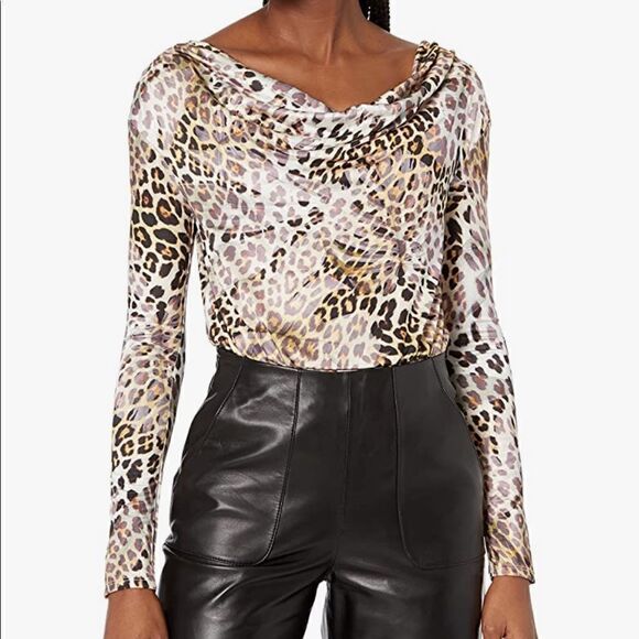 GUESS Cowl Tesha Bodysuit, Ghost Leaf Leopard Print Tan, Extra Large - Picture 2 of 11